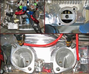 IAC Motor Installed on Back of TWM Intake, IAC Air Block Under Intake, and Associated Connections to Intake Ports